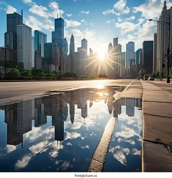 Stunning urban cityscape with skyscrapers reflecting in a puddle