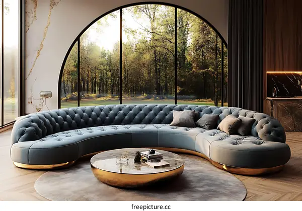 Modern Curved Sofa in a Luxurious Living Room with a Scenic View