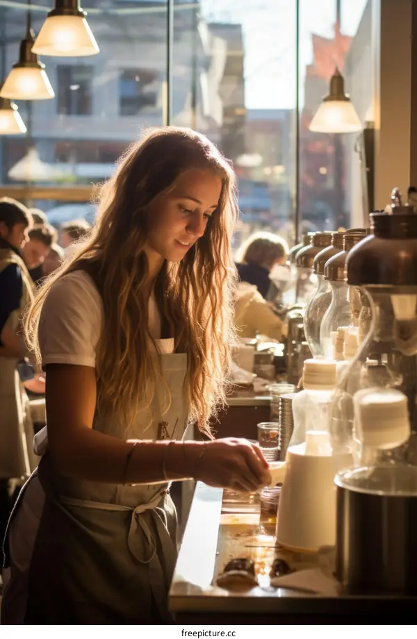 Young woman barista making coffee in cafe