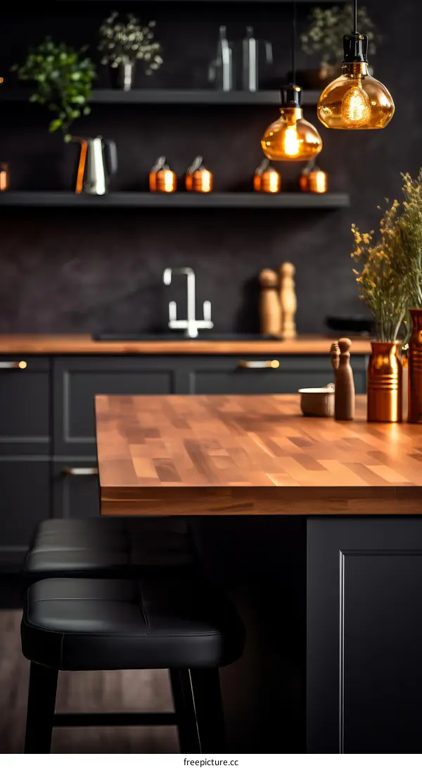 kitchen island with wood top and black cabinets