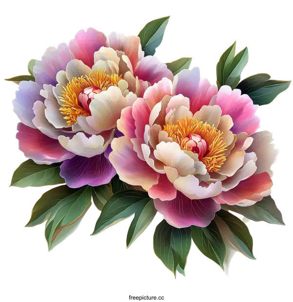 [Transparent Background PNG]Beautiful Colorful Peony Flowers Illustration
