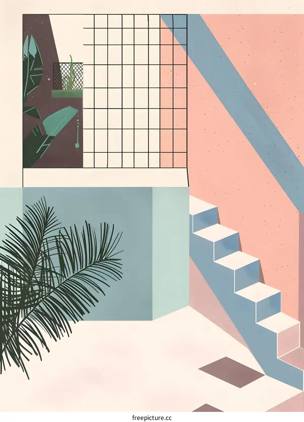 Minimalist Abstract Staircase Illustration with Palm Tree and Geometric Patterns