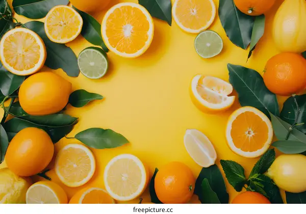 Citrus Fruits and Leaves on Yellow Background