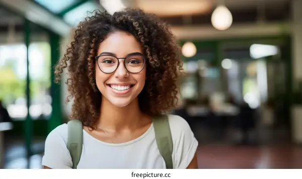 Portrait of a smiling young woman with curly hair wearing glasses