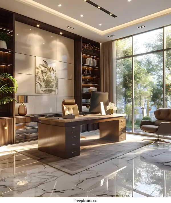 Modern office interior design with large windows and marble floor