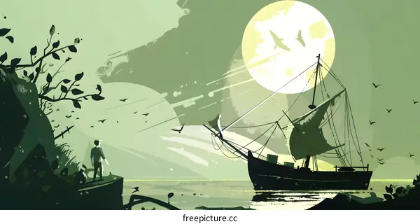 Silhouette of a Man Looking at a Sailboat Under a Large Moon