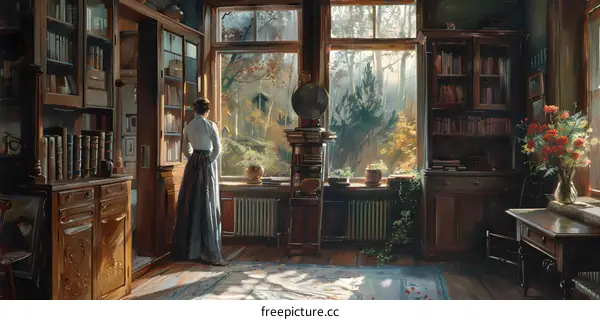 elegant woman standing in the library looking through the window
