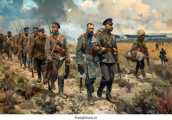 Russian soldiers on the road during World War I