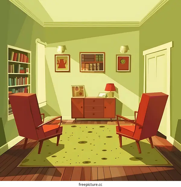 Cartoon Illustration of a Living Room with Two Red Armchairs