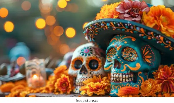 Vibrant Still Life Honoring Day of the Dead with Sugar Skulls and Marigolds