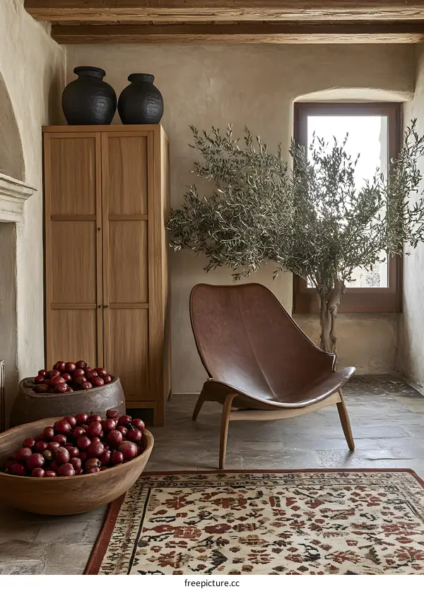 Modern Interior Design With Olive Tree And Leather Chair
