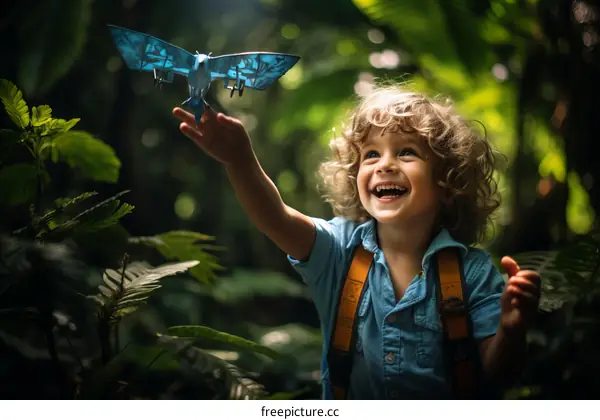 Little boy playing with a toy airplane in the forest
