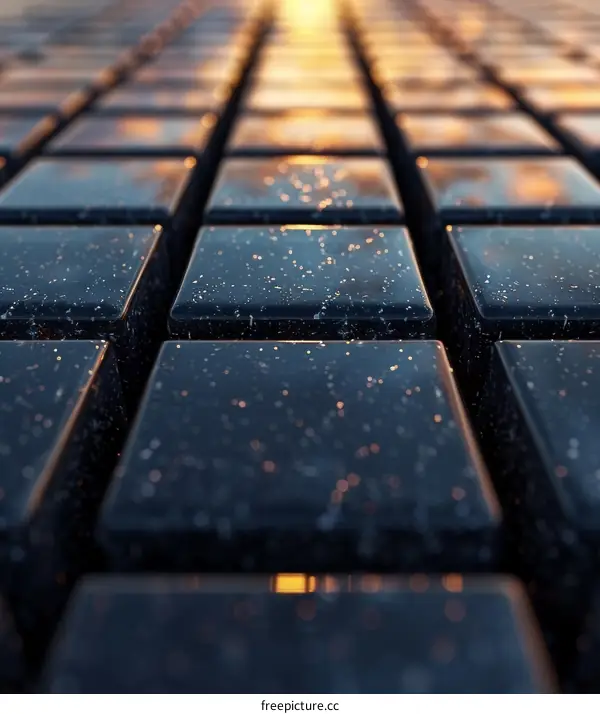 Abstract 3D Render of Black Marble Grid with Glowing Light