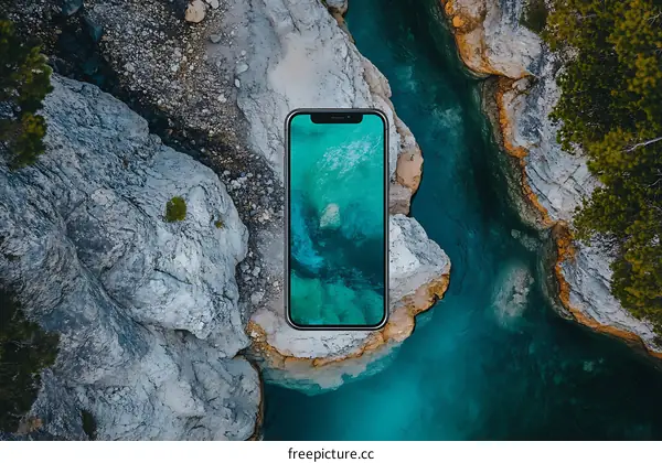 Smartphone on Rocks with Blue Water Background