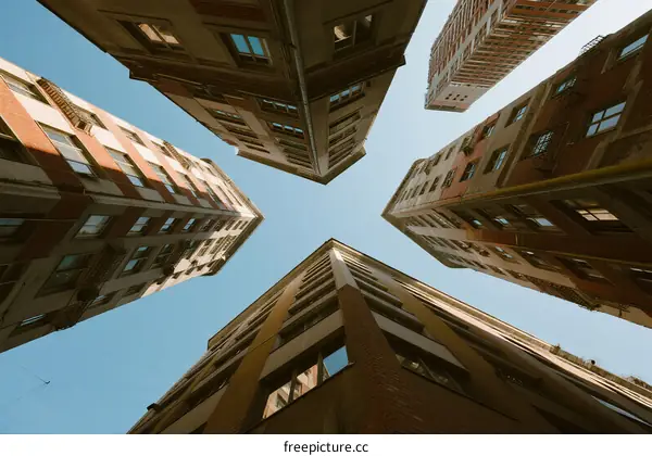 Looking up at tall buildings from a low angle in an urban area