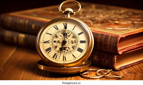 ornate golden pocket watch with books in the background