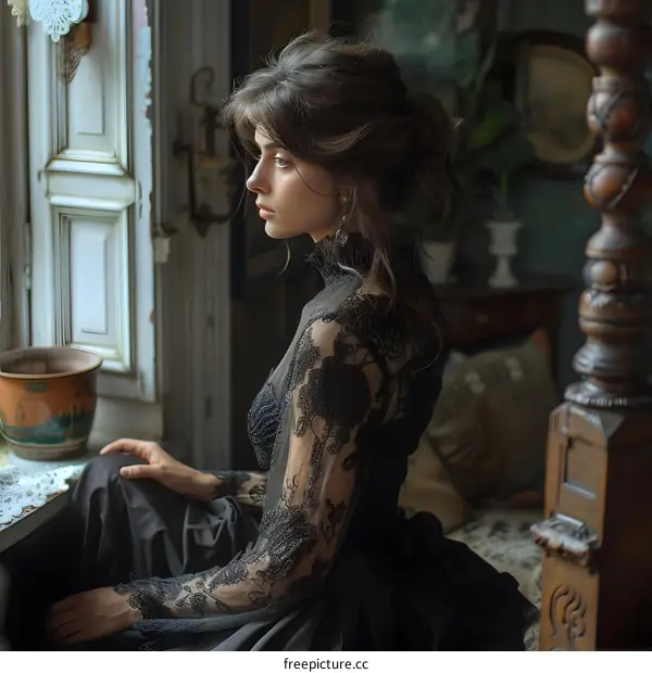 Elegant Woman in Black Lace Dress Looking Out Window