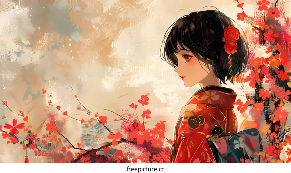 A beautiful Japanese girl with black hair and red kimono standing in a field of red flowers.