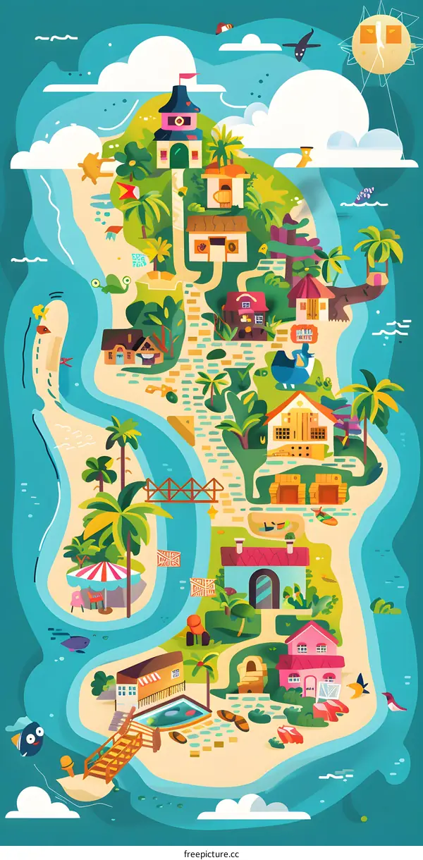 Cartoon Illustration of a Tropical Island with Houses, Palms, and a Bridge