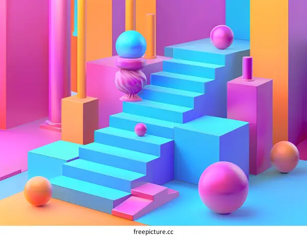 Abstract 3D Render of Geometric Shapes with Stairs and Spheres