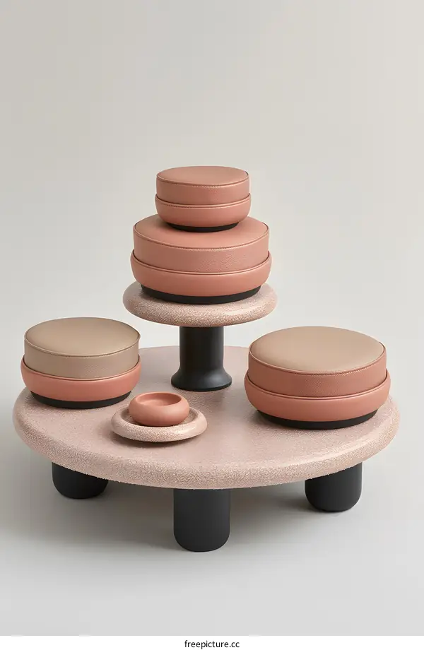 Round Table with Stacked Leather Ottoman