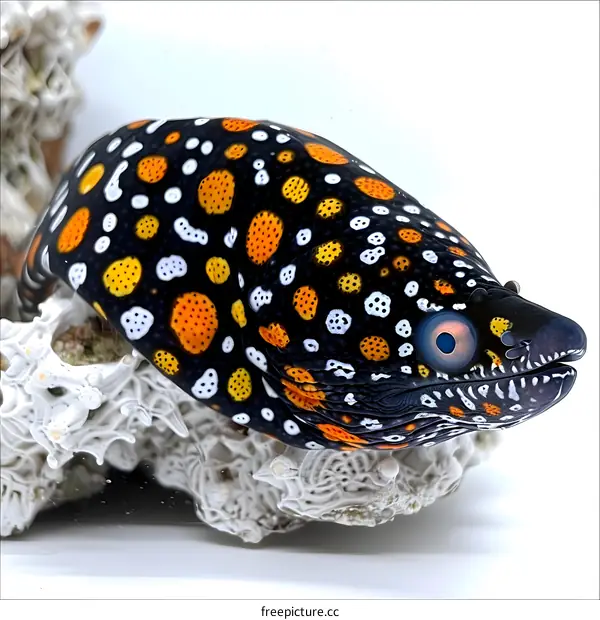 A black and yellow spotted eel on a white background
