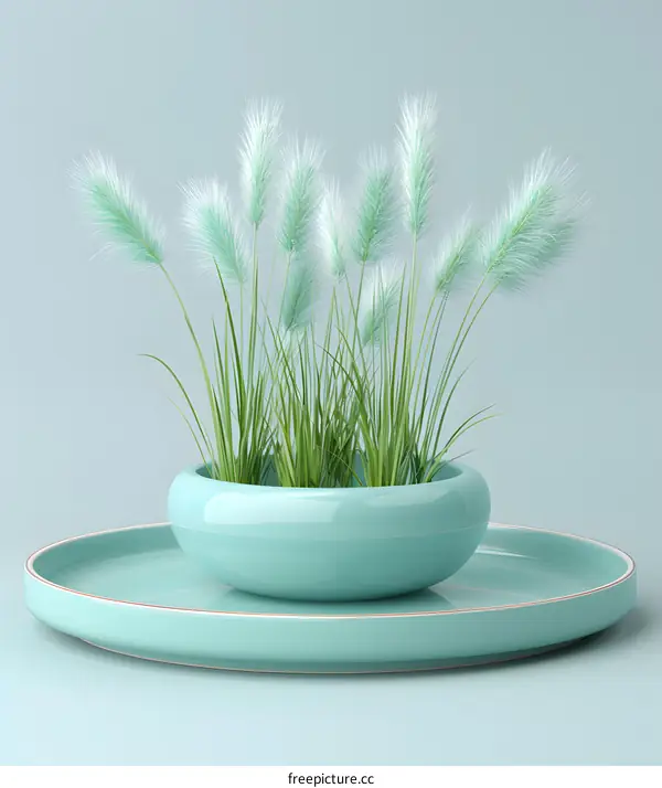 Green Grass in a Teal Bowl with a Matching Plate