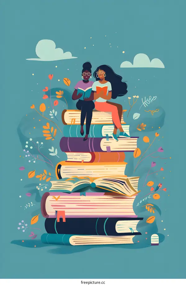 Two Black Women Sitting On Stack Of Books Reading