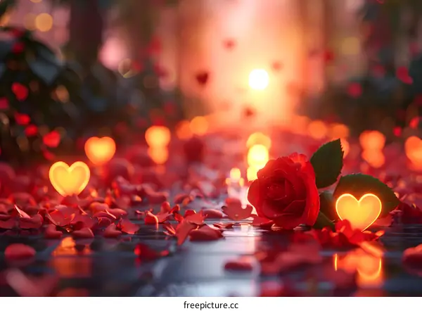 Red rose petals and heart