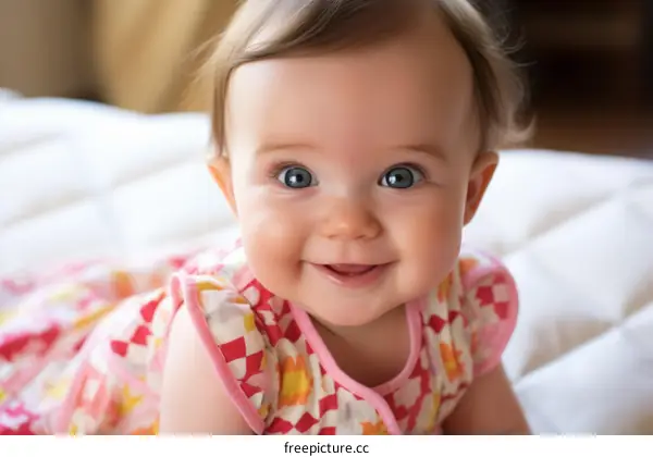 An adorable baby girl with blue eyes and a cute smile