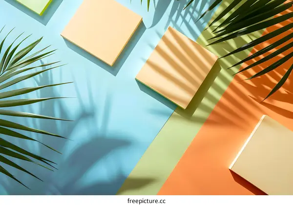 Tropical Summer Background With Palm Leaves And Color Blocks