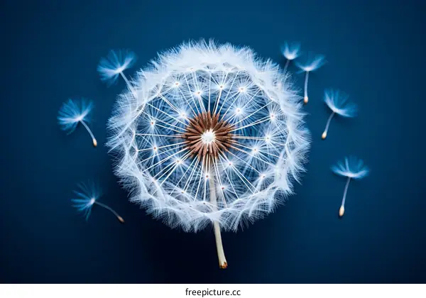 Dandelion seeds blowing away from a dandelion flower