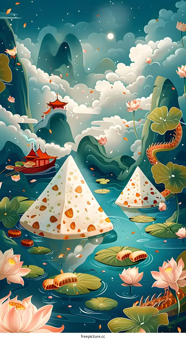 Surreal landscape with floating food and a dragon boat in the sky