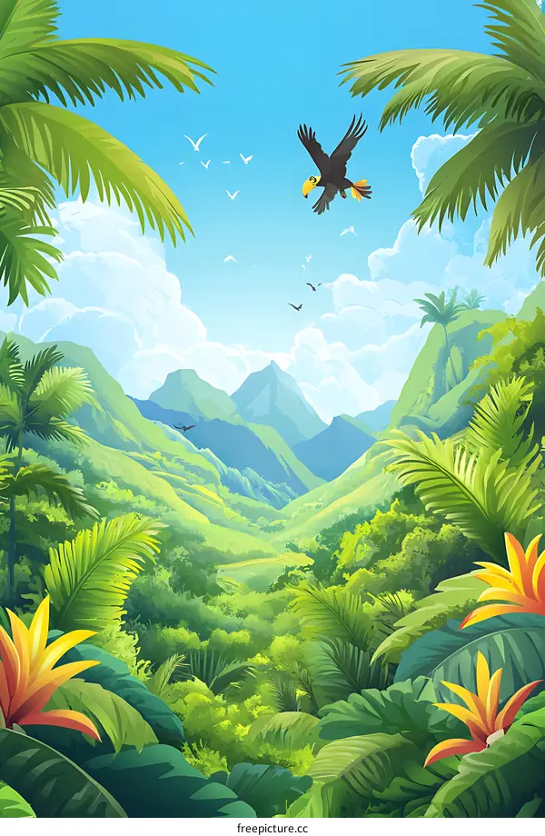 Tropical Rainforest Landscape Illustration with Toucan and Palm Trees