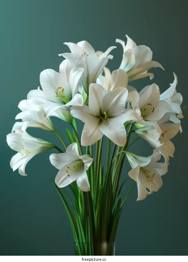 Elegant White Lilies in Vase against Teal Background