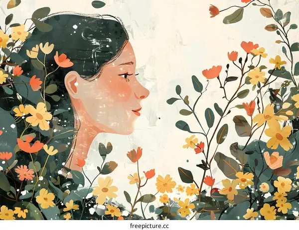 A girl with long black hair and yellow flowers in her hair