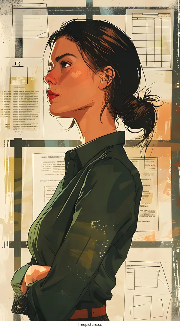 A portrait of a young woman in a green shirt standing in front of a background of blueprints.