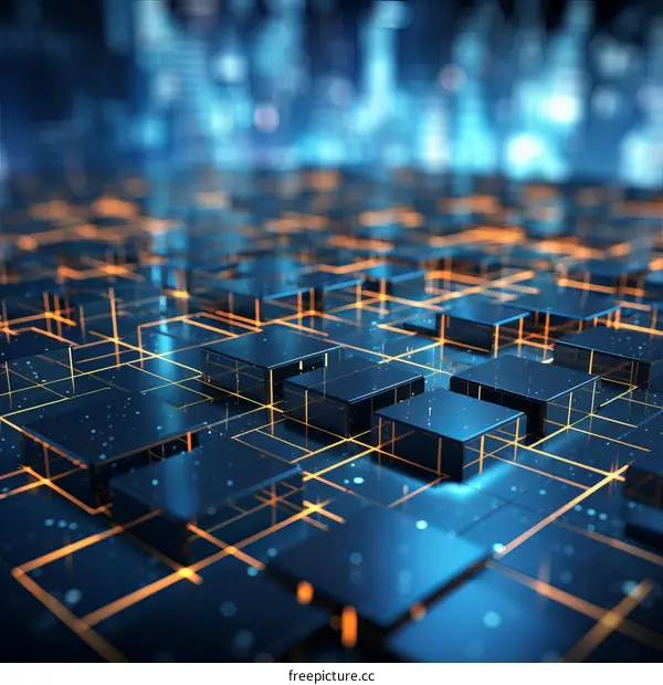 Abstract 3D rendering of a glowing blue and orange circuit board