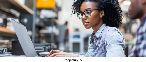 African American Woman Using Laptop Computer in Office Setting