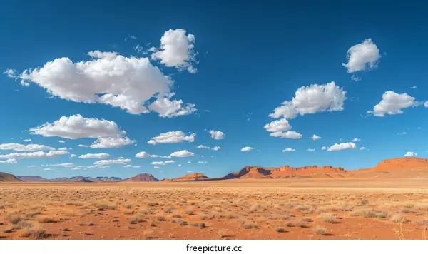 Arid desert landscape with blue sky and clouds