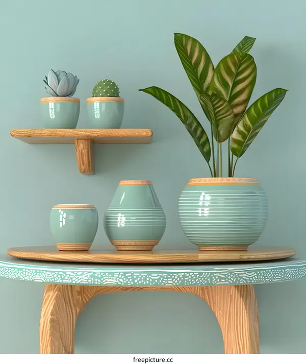 Green Striped Potted Plants and Wooden Shelf on Mint Green Wall