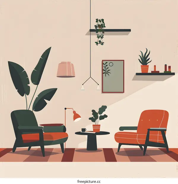 Minimalist Living Room Illustration with Two Armchairs and Plants