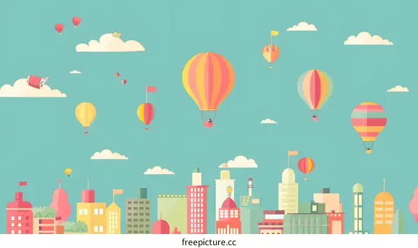 Hot Air Balloons Flying Over City Skyline Cartoon Illustration