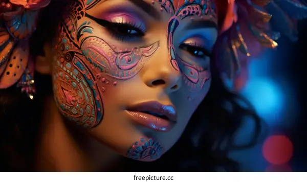 A close-up portrait of a woman wearing a colorful and intricate face mask.