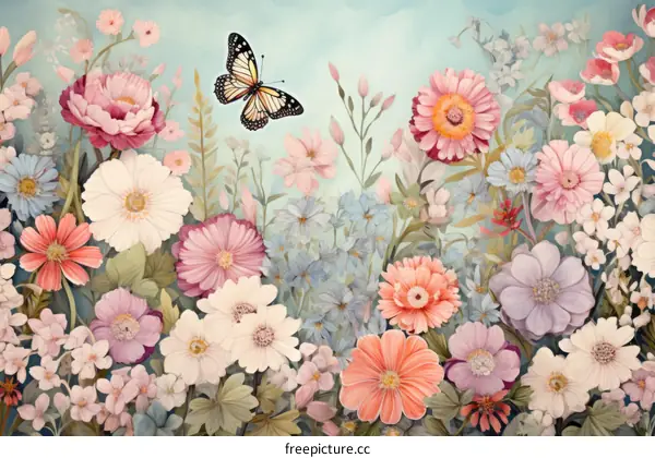 A beautiful field of flowers with a butterfly