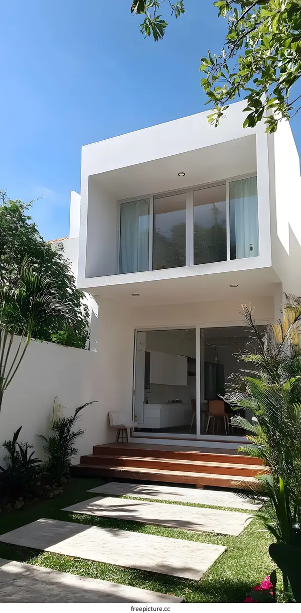 Modern Minimalist White House Exterior with Wooden Deck and Green Lawn