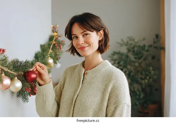 Woman Decorating Christmas Garland