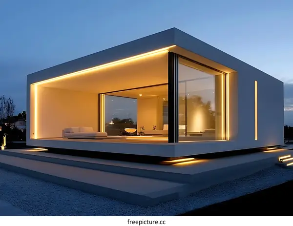 Modern Minimalist House with LED Lights and Large Windows