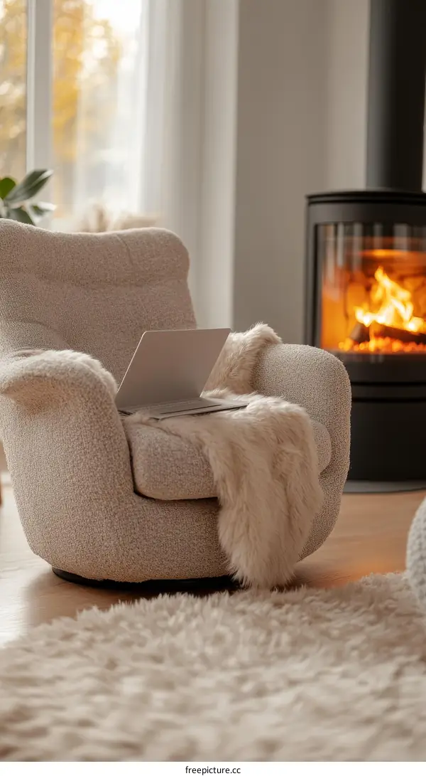 Cozy Living Room Scene with Fireplace and Armchair