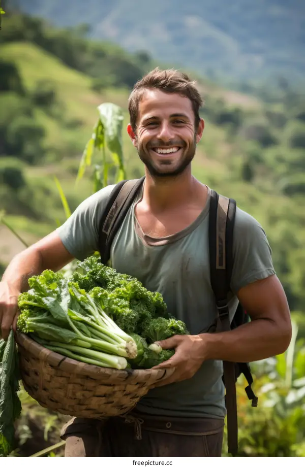 A smiling man carrying a basket of vegetables